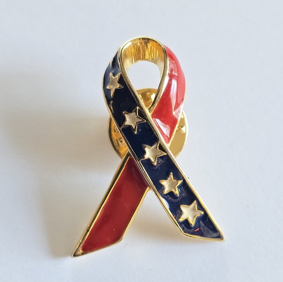 Jewelry - Patriotic ribbon pin lapel brooch usa flag  red white blue gold tone enamel